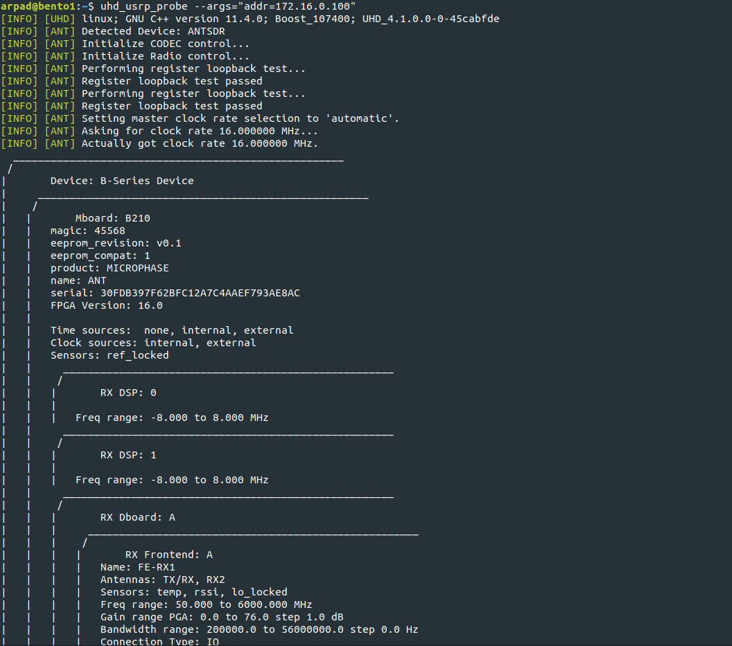 ANTSDR E200 UHD firmware running with ADRV9364 client board setup