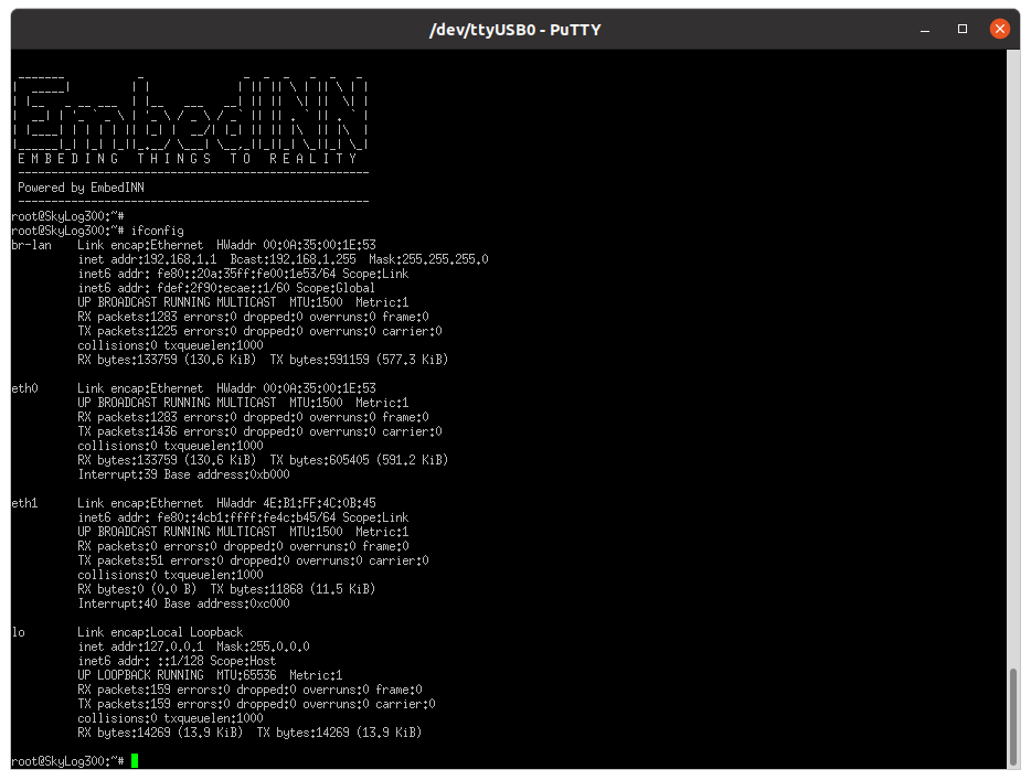 OpenWrt ifconfig output showing network interfaces and IP addresses