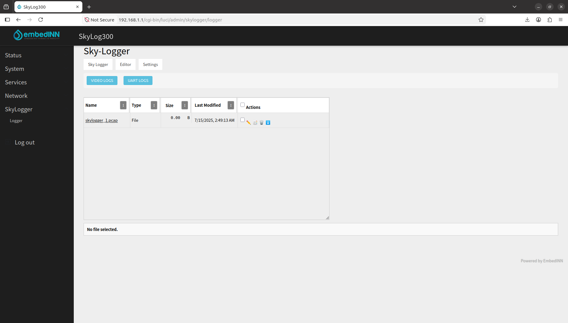 SkyLogger file management page in the custom OpenWrt UI