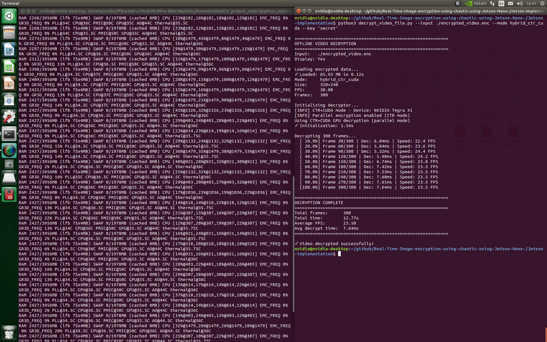 Jetson Nano terminal showing decryption with tegrastats